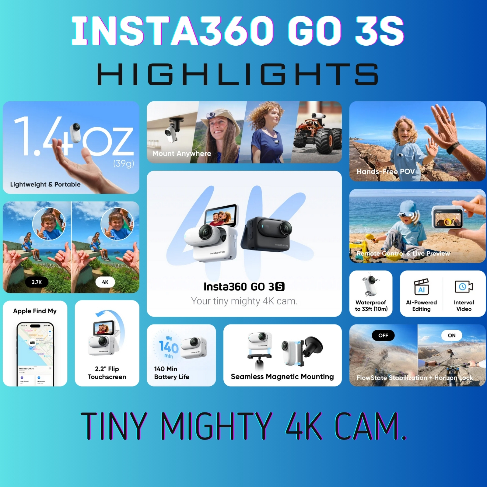 Insta360 GO 3S Tiny 4K Action Camera Black White 39g 64G 128G 1270mAh Battery Action Pod AI Editing Waterproof FlowState GO3S. 