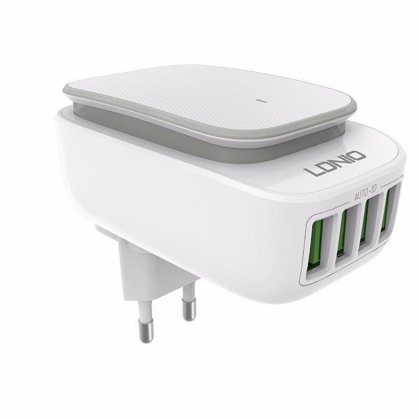 LDNIO A4405 LED Touch Lamp Universal 4 USB Ports 4.4A Auto ID Fast Charger Adapter with USB Data Cable For Smartphone White. 