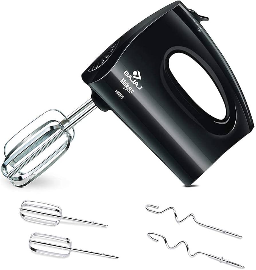 Roll over image to zoom in   4 VIDEOS      Bajaj HM-01 250W Hand Blender | 250 Watts Powerful DC Motor | 3-Speed Control | Hand Mixer with Stainless Steel Accessories & Attachments | 1.Yr Warranty | Black