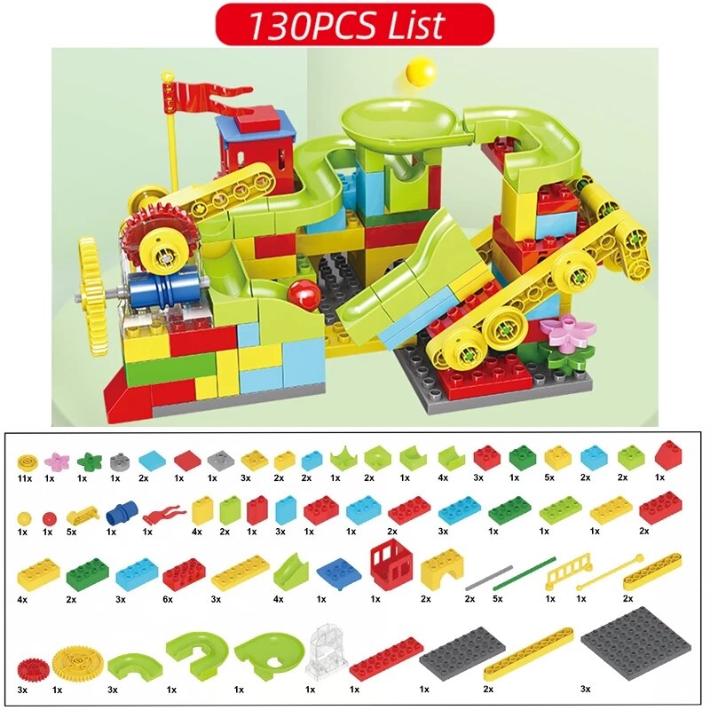 Marble Race Run Maze Balls Track Gear Wheel Blocks Funnel Slide Block compatible with Double Size-130pcs. 