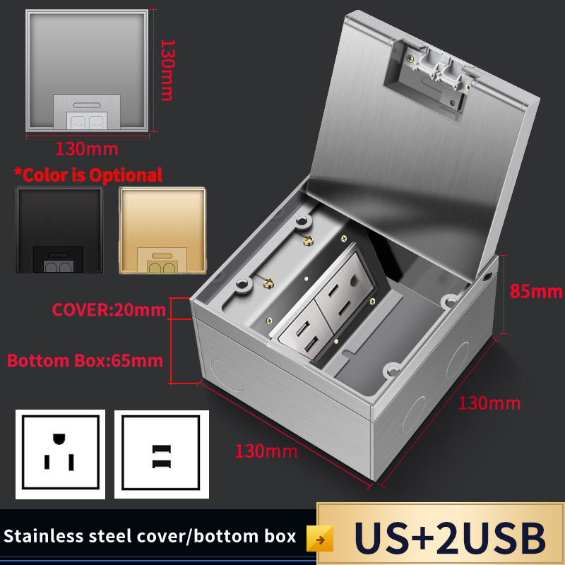Ultra-Thin 304 Stainless Steel Concealed Floor Socket - Waterproof and Embedded for Flat Surfaces EU socket 130mm X 130MM. 