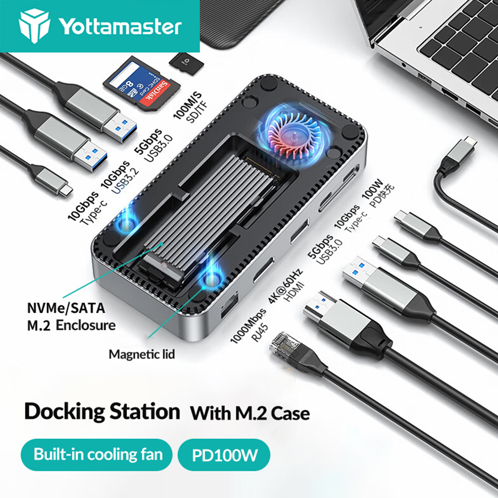 Yottamaster USB C HUB with Cooling Fan M.2 NVMe SATA SSD Enclosure External 10Gbps 4K 60Hz HDMI-Com RJ45 SD/TF Docking Station
