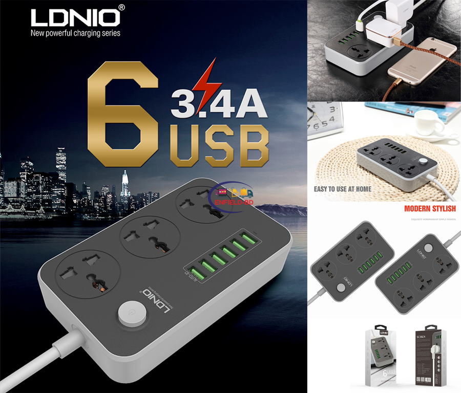 Ldino Power Strips 3 Socket with 6 USB Port For Charging - Dark Grey. 