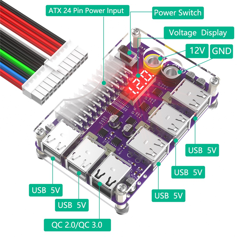 Power Adapter Connector Power Supply Breakout Board High Quality ATX 24Pin Power Module Adapter with 12 Port USB 2.0 and QC 2.0/ 3.0 and 12V Output. 