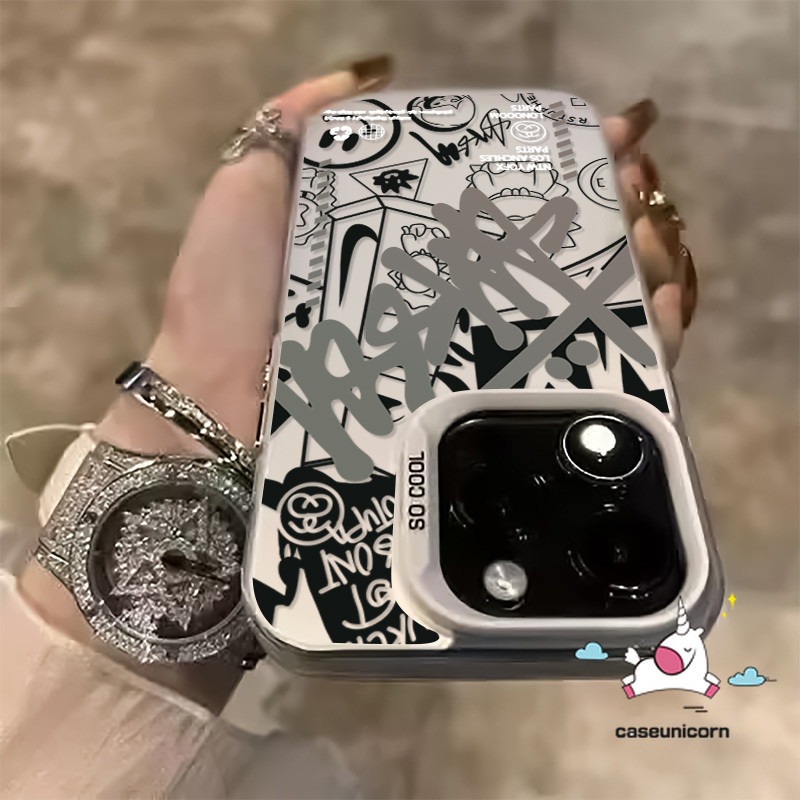 Trendy Cartoon English Cool Smiley Face Graffiti Case Compatible for IPhone 16 15 11 14 12 13 Pro Max XR X 7Plus XS Max 15 8 7 14 Plus SE 2020 Luxury Plated Metal Lens Soft Case. 