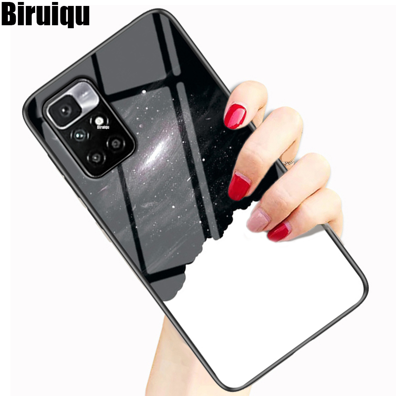 Biruiqu For Redmi 10 Prime / Redmi 10 Shockproof Starry Colorful Tempered Glass Back Soft Silicone Edge Case Cover