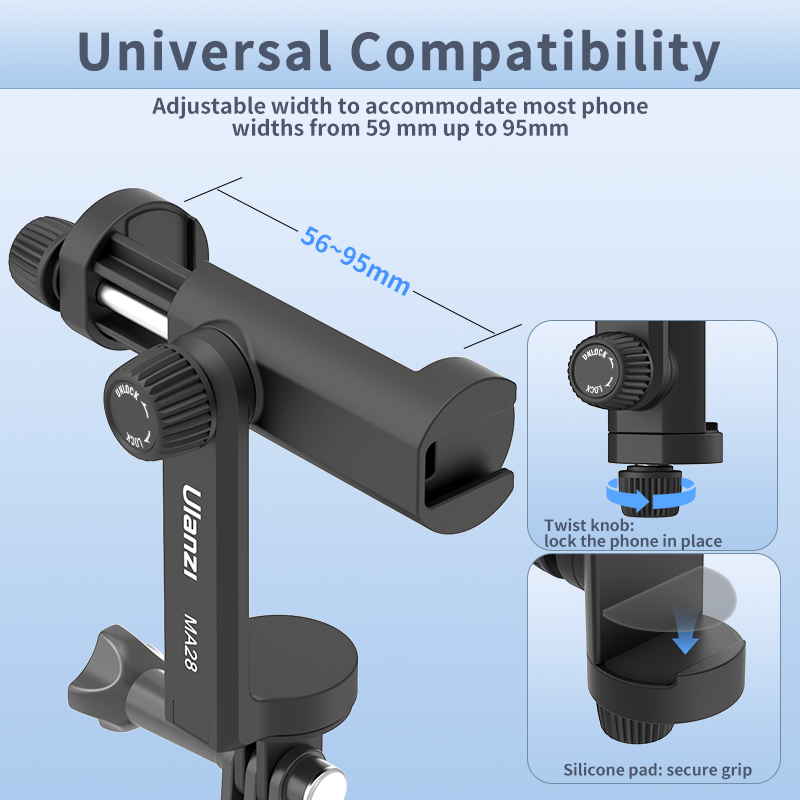 Ulanzi MA28 Phone Stand Clamp Gopro Tripod Mount 360 Rotation Phone Clip with Cold Shoe for Microphone Led Video Vlog Live. 