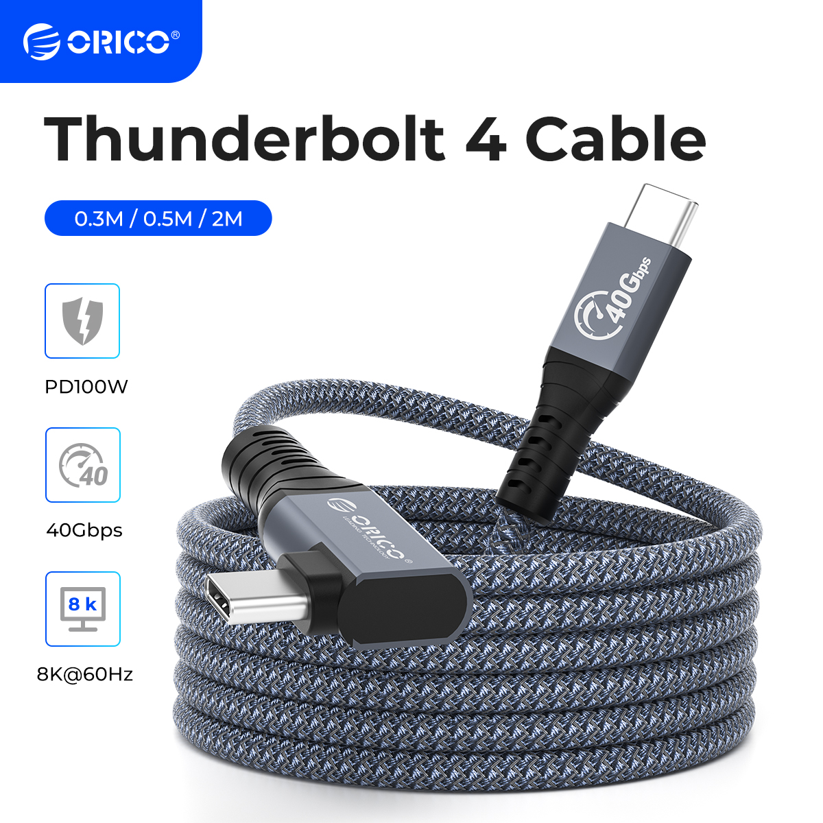 ORICO Thunderbolt 4 40Gbps USB C Cable with 100W PD Charging Display 8K@ 60Hz for MacBooks iPad Pro Huawei