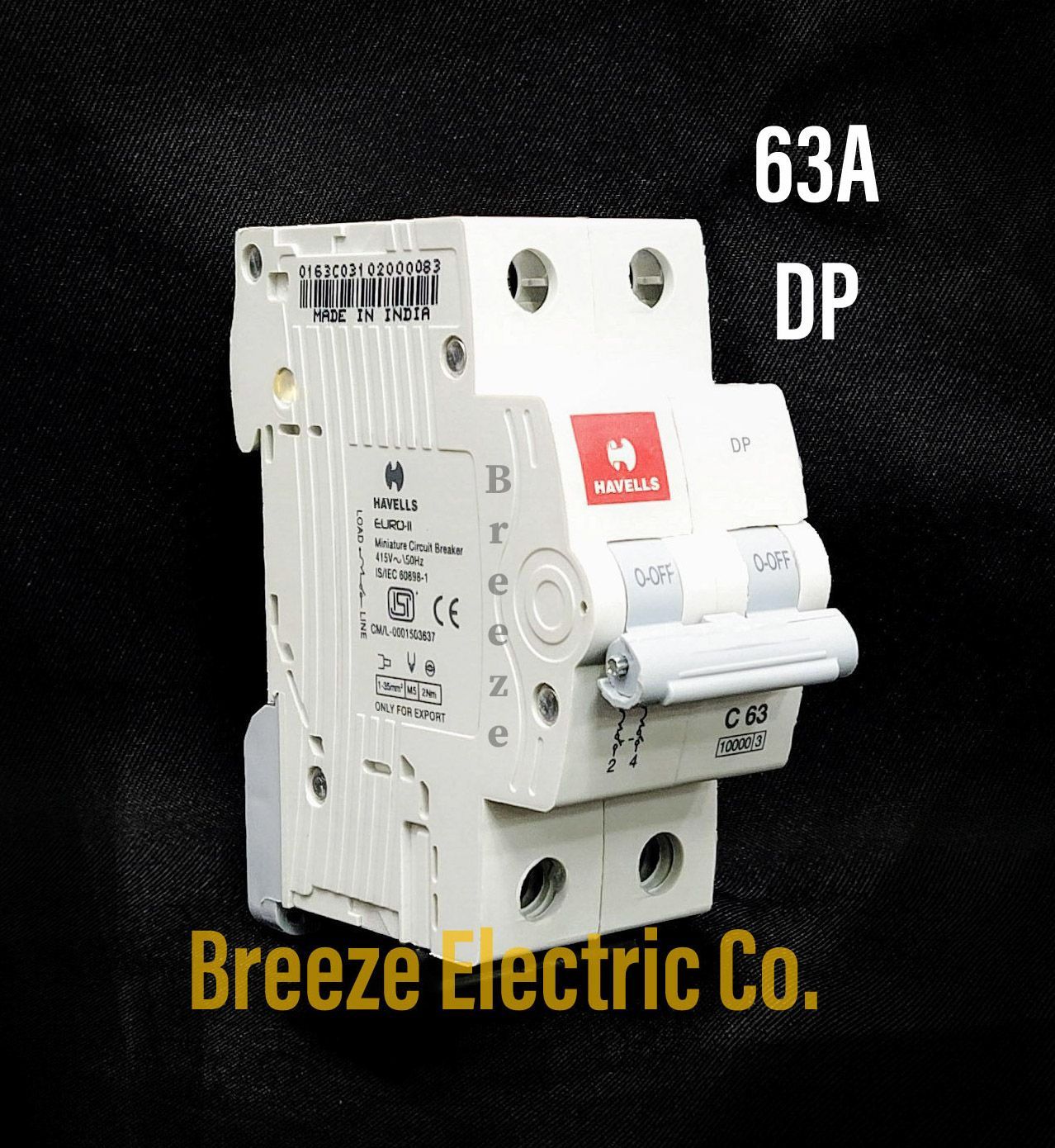 Havells Circuit Breaker 63A DP MCB.  Model: Euro-II. India.. 