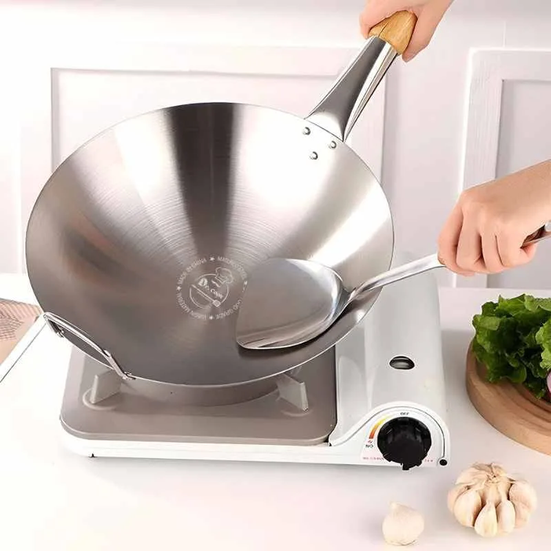 Dr cook pan ss steel wooden handle cooking pan Round Bottom Carbon Steel Wok Pan, Brushed Polished,Beech Anti-Scald Handle,Kitchen Cookware for Gas Stoves. 