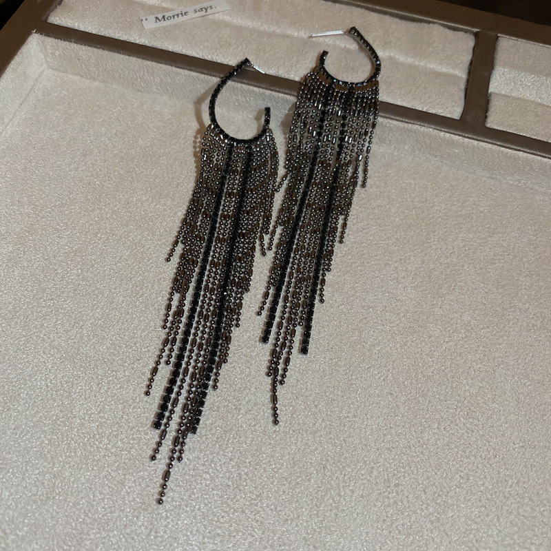 Silver needle European and American exaggerated diamond-set tassel earrings dark black niche ins fashion long stud earrings personality earrings women