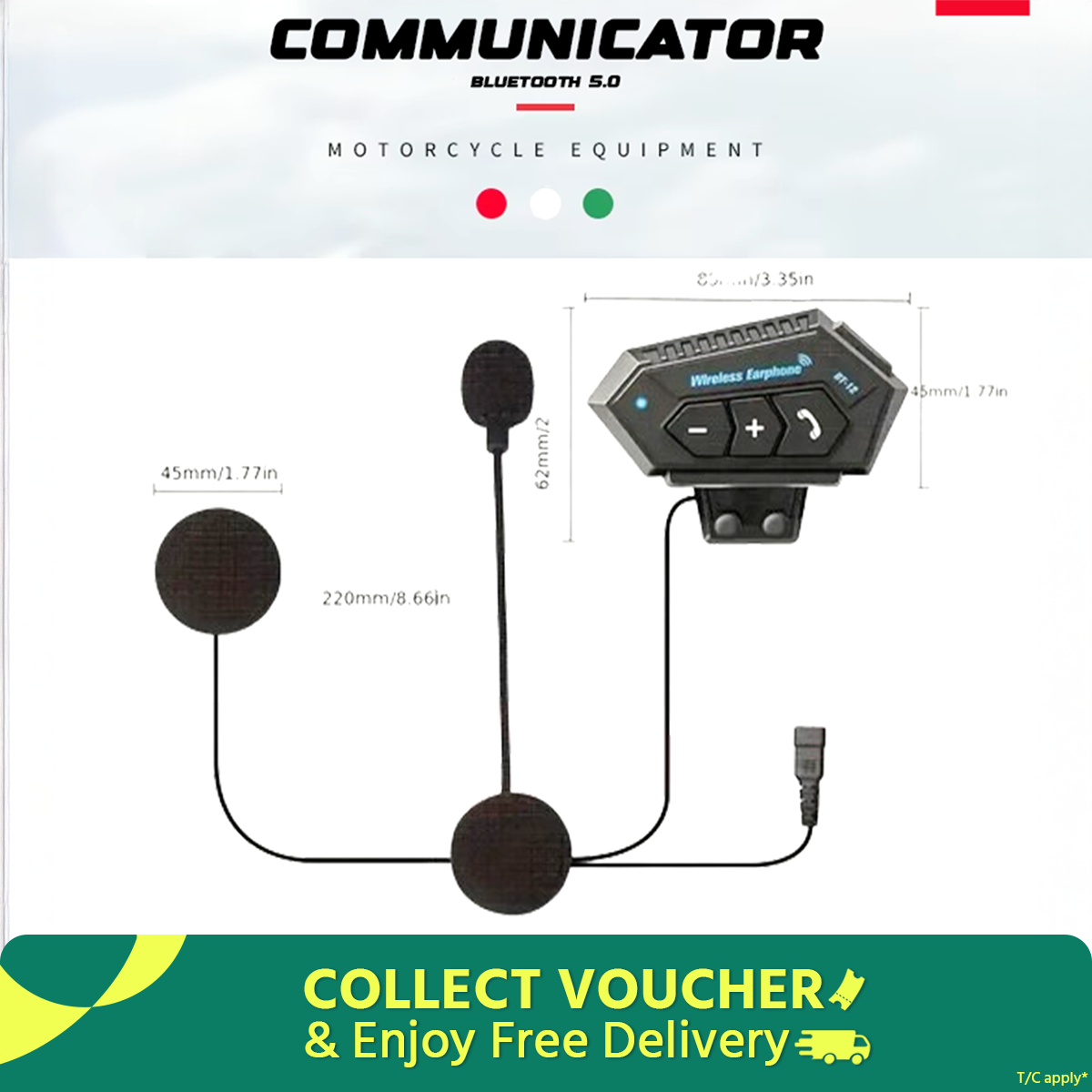 Motorcycle Helmet Communicator Intercom Headset Music Interphone Bluetooth 5.0  Waterproof, Hands-Free, Long Battery Life (Not Device to Device). 