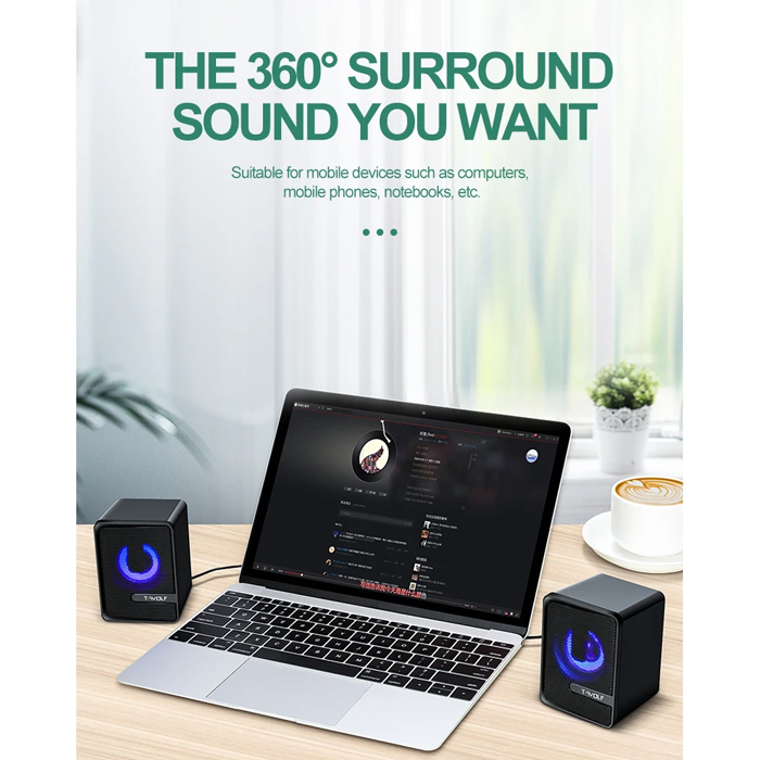 RGB Gaming Speaker T-Wolf S3 Mini USB Speaker With RGB Lighting Gaming Speaker For PC RGB Speaker For PC Laptop Speaker With 3.5mm Audio AUX. 