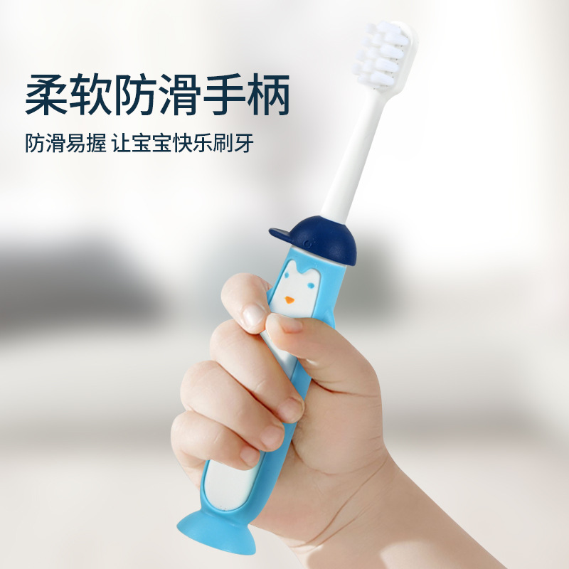 Ruijie Penguin Kids Soft Bristle Toothbrush Cartoon Image Wholesale Suction Cup Handle Baby Tik Tok Wholesale. 