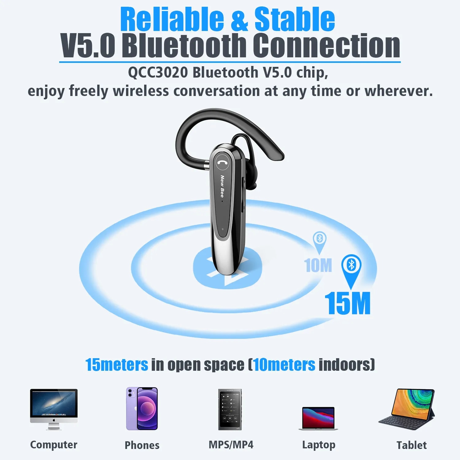 New Bee B45 Bluetooth 5.0 Headset Wireless Earphone Headphones with Dual Mic Earbuds Earpiece CVC8.0 Noise Reduction for Driving. 
