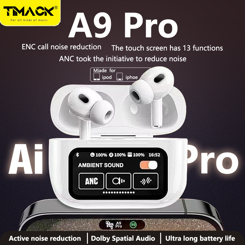 Timack® A9 Pro Airpods ANC Wireless Earbuds Bluetooth 5.3 Earphones App Noise-canceling Call Headphones Waterproof Sports Gaming Touch Screen Headset. 