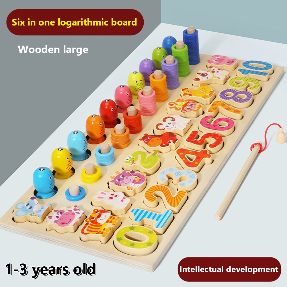 GC 6-in-1 Wooden Alphabet Number Shape Puzzles Toys Toddlers Fishing Toy Rings Counting Sorting Educational Toys. 