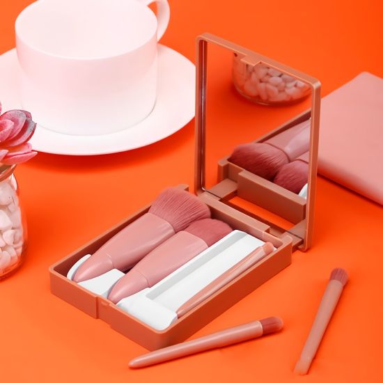 Golbylicc Travel Size Makeup Brushes Set Mini Makeup Brushes, Small Complete Function Cosmetic Brushes Kit with Case and Mirror Perfect for On The Go, 5PC (Mini Pink)