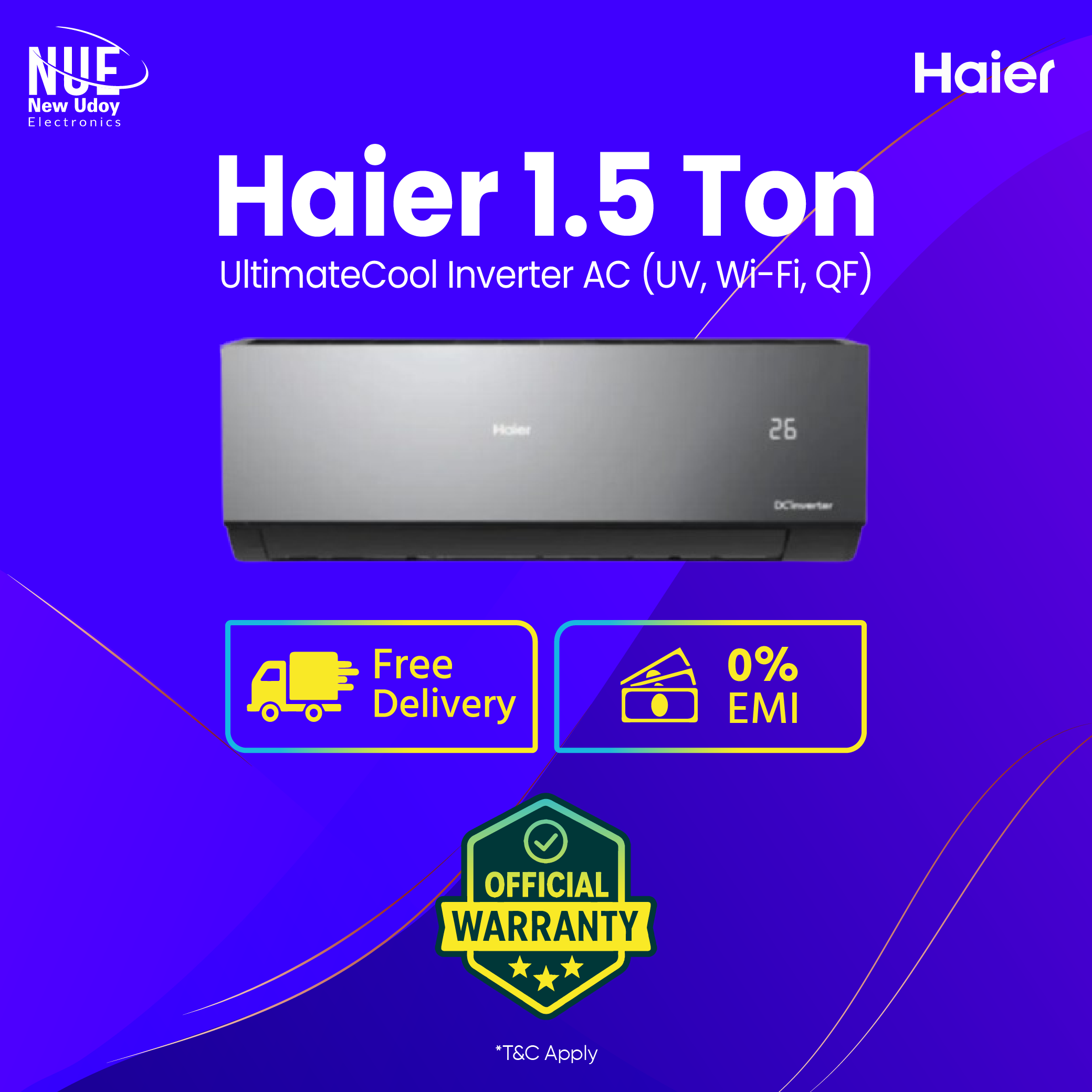 Haier 1.5 Ton UltimateCool Inverter AC (HSU-18UltimateCool:(INV)(UV)(Wifi)(QF))🚚 Free Delivery 💳 0% EMI Available,Official Warranty by Haier with Free Delivery