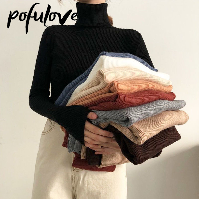 Turtleneck Sweater Women's Slim Pullover Top Black Knit Sweater Basic Knitwear Solid Color Jumper Sweater Autumn and Winter. 