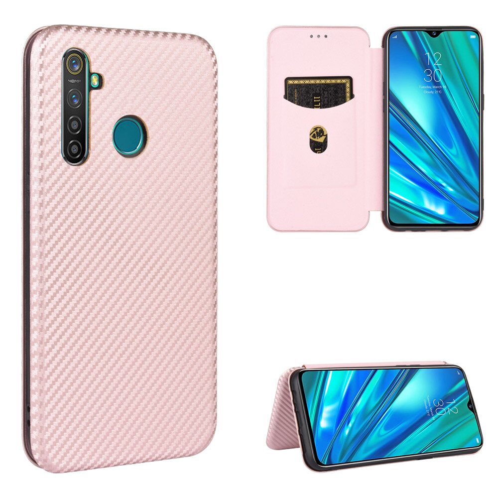lthmy for Realme 5 Carbon Fiber Magnetic Closure with Card Slot Flip Case Cover