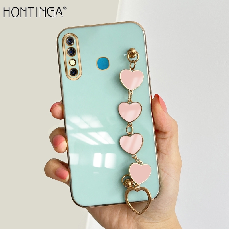 Hontinga for Infinix Hot 8 / Hot 8 Pro Back Cover With Pink Love Heart Bracelet Case Luxury 6D Plating Soft Silicone Phone Cases