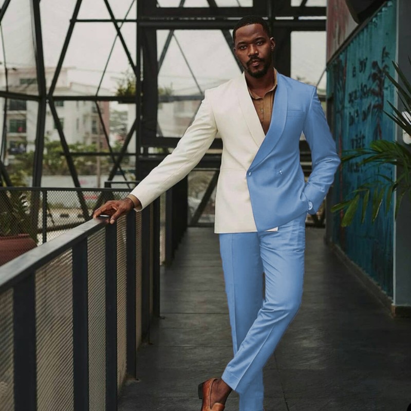 New Patchwork Men Suits 2 Pcs Double Breasted Man Blazer Sets Tuxedos Color Matching Prom Party Suit trajes de hombre Coat+Pant. 