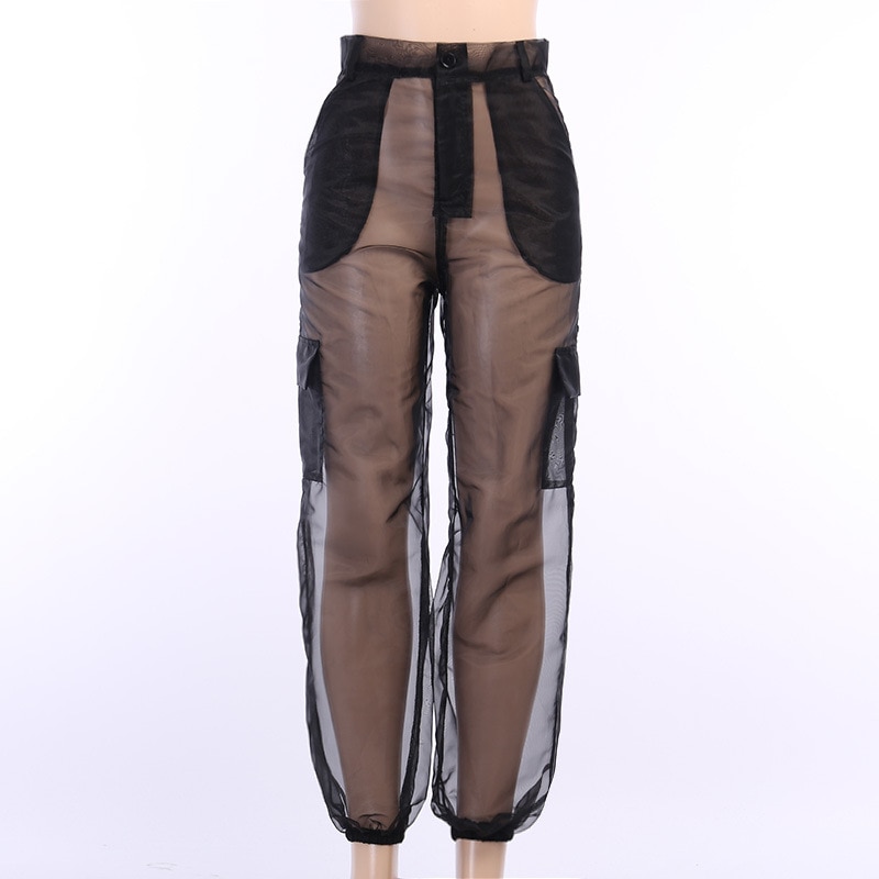 Women Transparent Pants Mesh Fashion Summer Breathable Decorative Loose Trousers Avant-Garde Clothing Sheer Pants. 