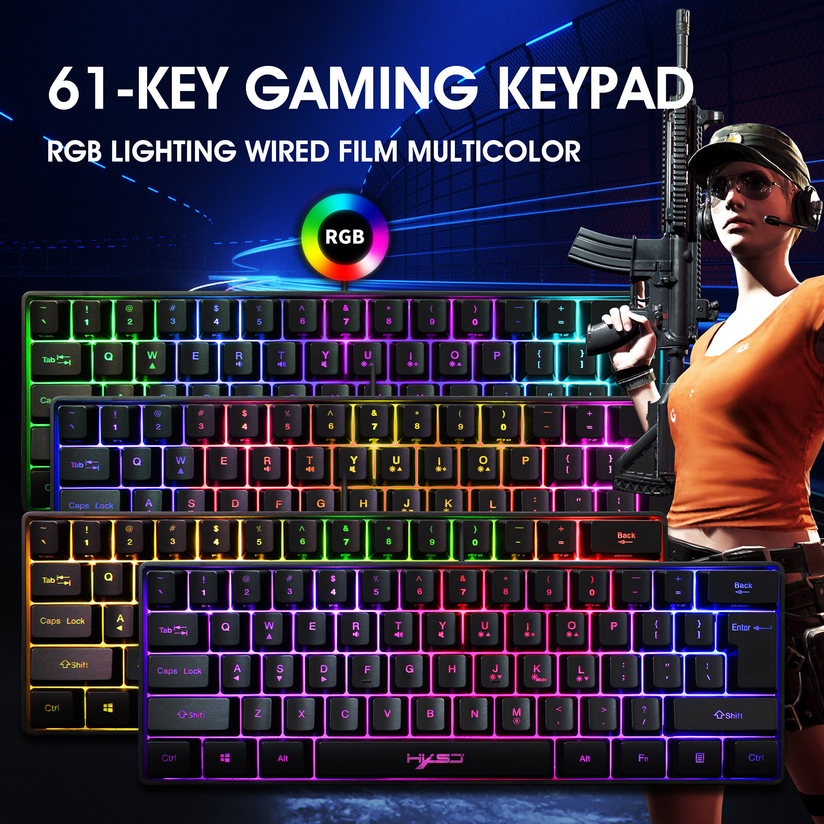 HXSJ V700 Wired Gaming Keyboard RGB Streamer Wired 61-key Gaming Keyboard for Game Office Black. 