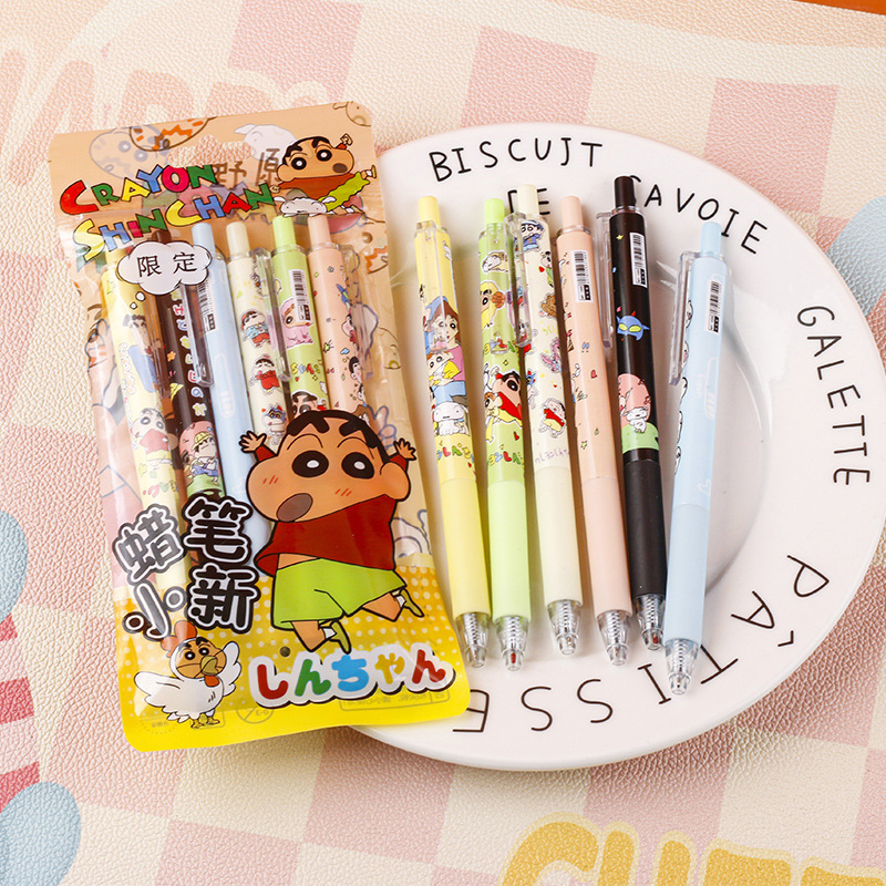 6Pcs/Set Kawaii Crayon Shin-Chan Gel Pen Cute 0.5mm Black Ink