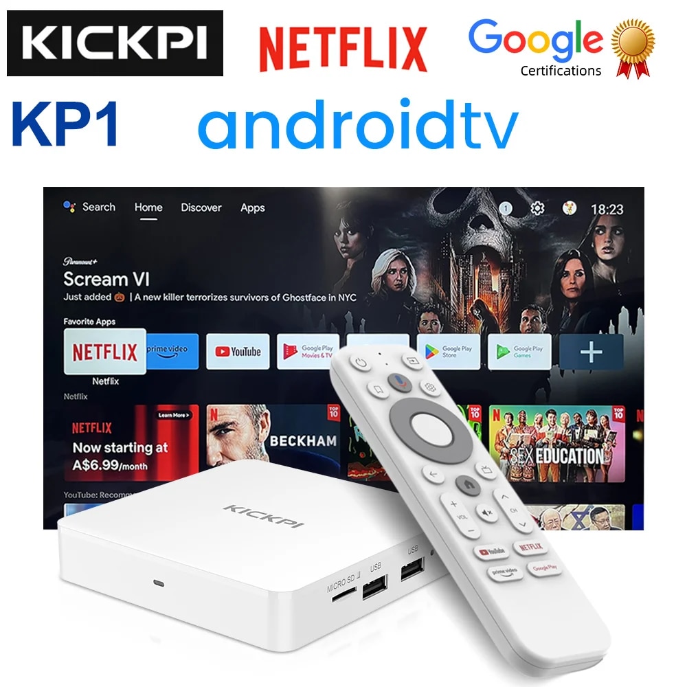 KICKPI KP1 Google Netflix TV Box Android 11 Amlogic S905Y4 2GB 32GB Support AV1 1080P H.265 4K Wifi BT Voice Input Media Player