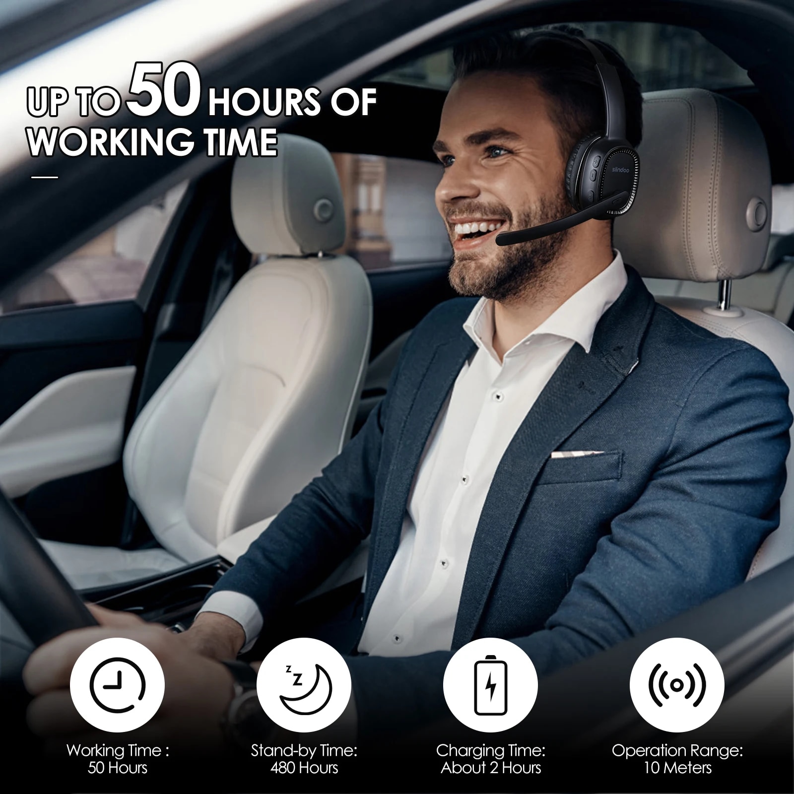 Siindoo JH-101 Wireless Call Center Headset with Mic Noise Canceling Headphones with 50H Talking Time For Office Work, Video. 