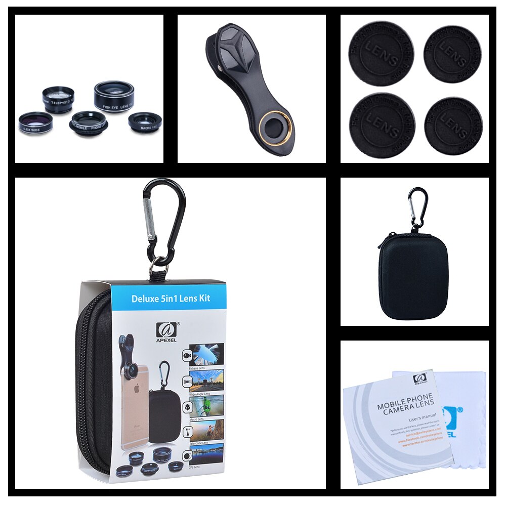 Apexel 5 in 1 HD Camera Lens Kit Fisheye Lens+0.63x Wide Angle+15x Macro Lens+2X Telephoto Lens+CPL Lens for iPhone Samsung DG5. 