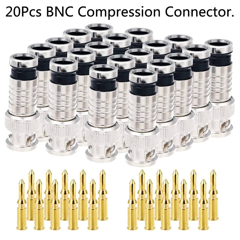 20 Pcs BNC Compression Connector 75 Ohm Coupler with Copper Pin for RG58-59 Crimper Video Plug Extension Coaxial Cable. 