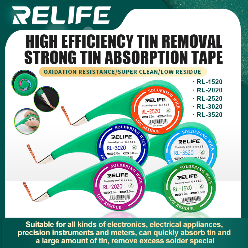 RELIFE Solder Wick No-Clean Copper Desoldering Braid Low Residue Tin Repair Tool RL-1520 RL-2020 RL-2520 RL-3020 RL-3520. 