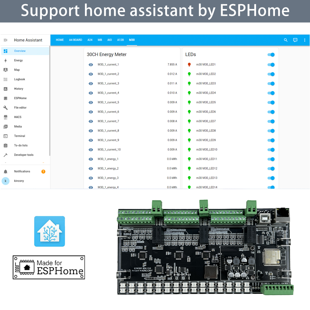 KC868-M30 ESP32 ESPHome 30CH CT Clamp Energy Monitor 3CH ZMPT101B Voltage Board WIFI+RJ45+RS485+4G Modbus IIC RBG LED SD Card. 