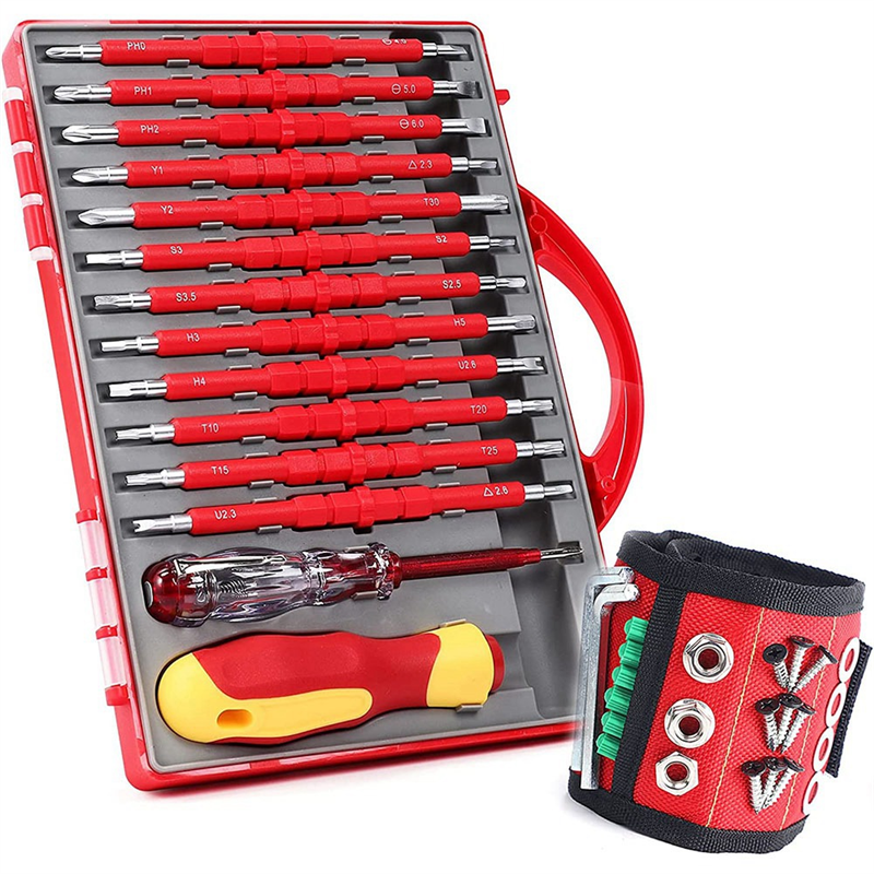 1Set Insulated Electrician Screwdriver Set with Magnetic Wristband Tools Red Metal for Men PH Slotted Torx Hex Square Bits