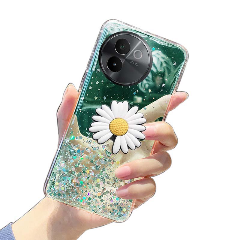 New Phone Case For VIVO V30 E Cover Glitter Bling Soft Stars Moon Sequins Chrysanthemum Flowers Folding Bracket Transparent Silicone For vivo V30E Case