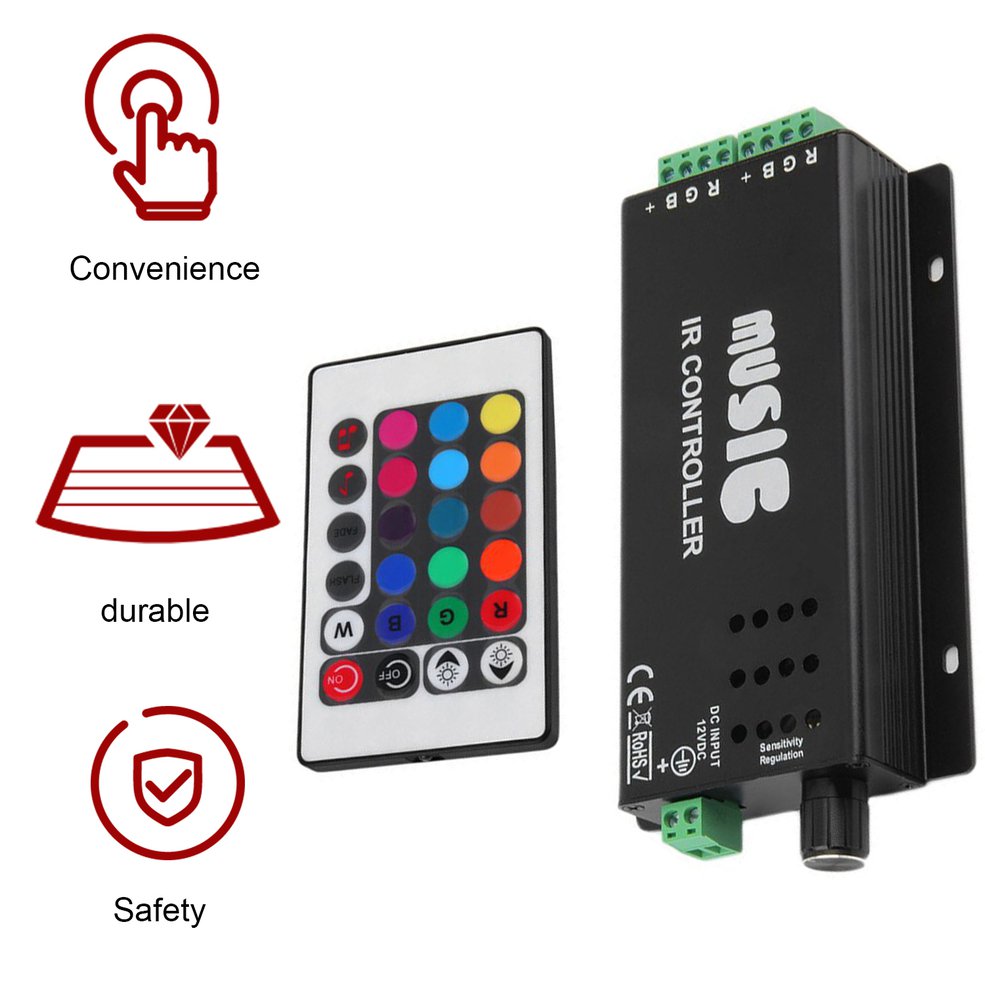 Nax Ma Black 24 Key Music Ir Remote Controller Sound Sensitive For Rgb Led Strip Light-Black. 