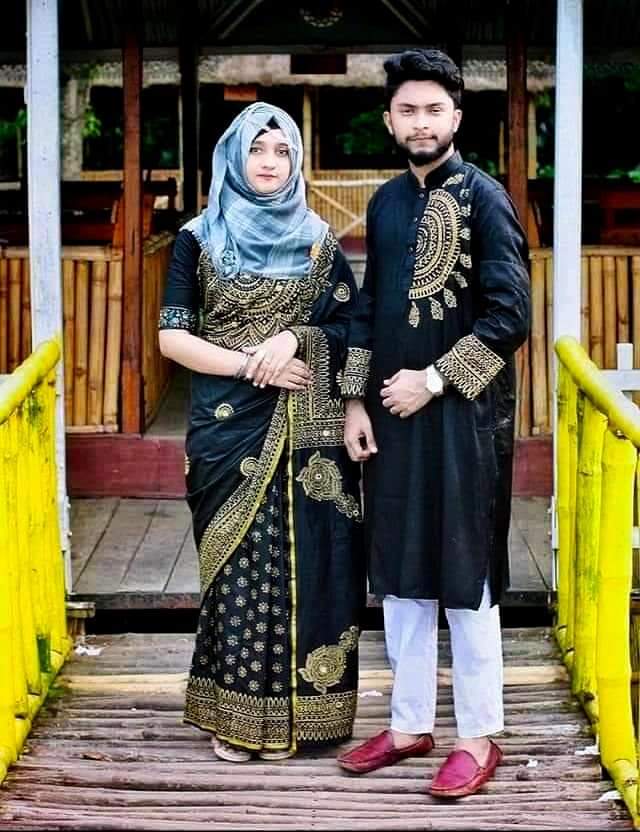 Stylish & fashionable New Matching best/Coupple Dress/For Men & Women / Saree & Panjabi/ (Combo Set)).