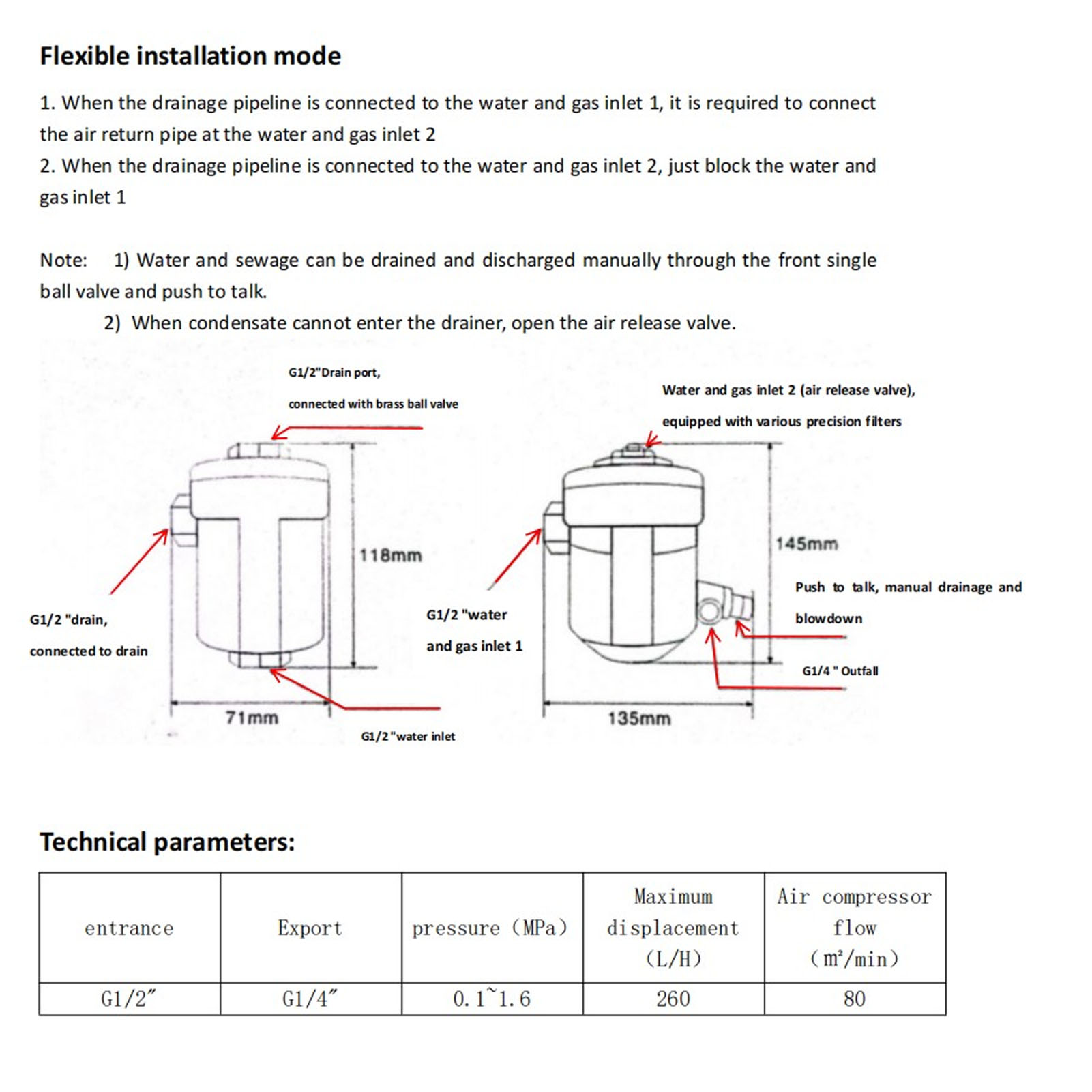 Air Compressor Tank End Drain Valve Inlet G1/2in Convenient Outlet G1/4in Eco Friendly Automatic Water Trap Separator with Mounting Tube for Factory. 