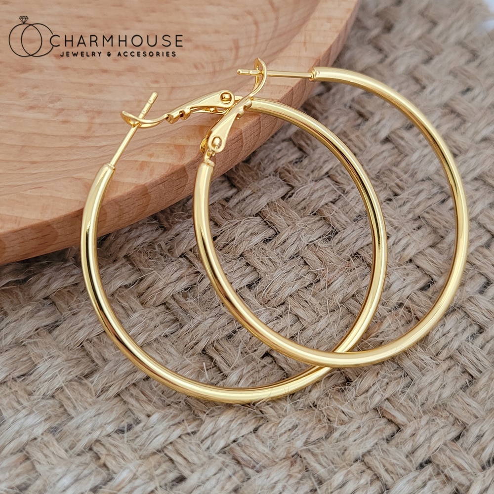 Gold Hoop Earrings 24K Yellow Gold Plated Round Big Circle Piercing