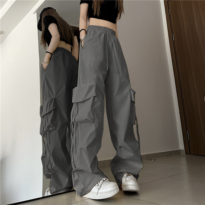 American-Style Retro Thin Quick-Drying Overalls for Women High Waist Slimming All-Matching Straight Wide Leg Casual Mopping Trousers Trendy Summer. 