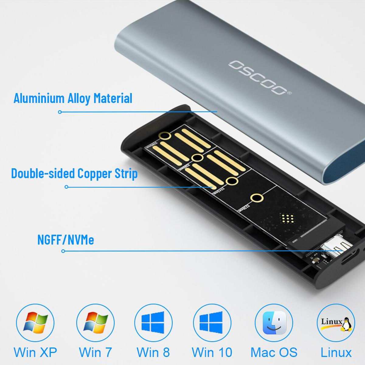 OSCOO SSD Case M.2 NVMe Case Enclosure USB C PCIe M2 SSD Caddy Type C 3.1 Gen2 M+B M-Key Case Adapter
