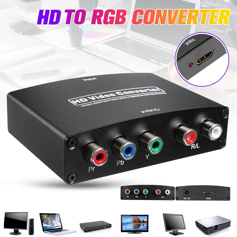 For TV PC DVD HDMI-compatible to 5 RCA Component YPbPr Video Converter 1080P HD YPBPR Component R/L Audio Adapter for Projector Black. 