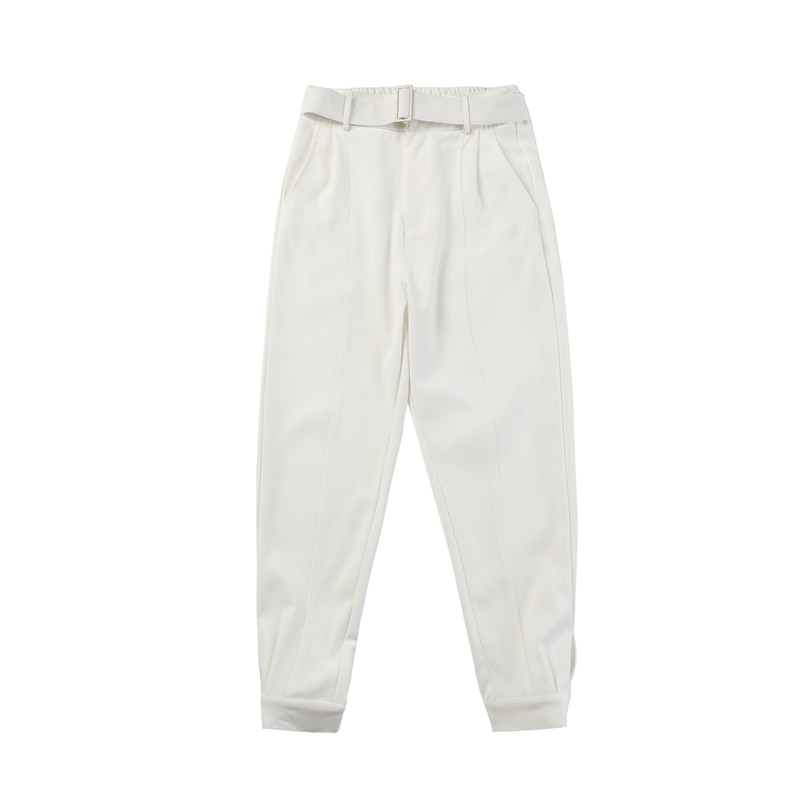 Korean Style Chic Harem Pants Men Solid Black White Man Trouser with Belt Spring Summer Tapered Ankle Length Casual Pant Quality. 
