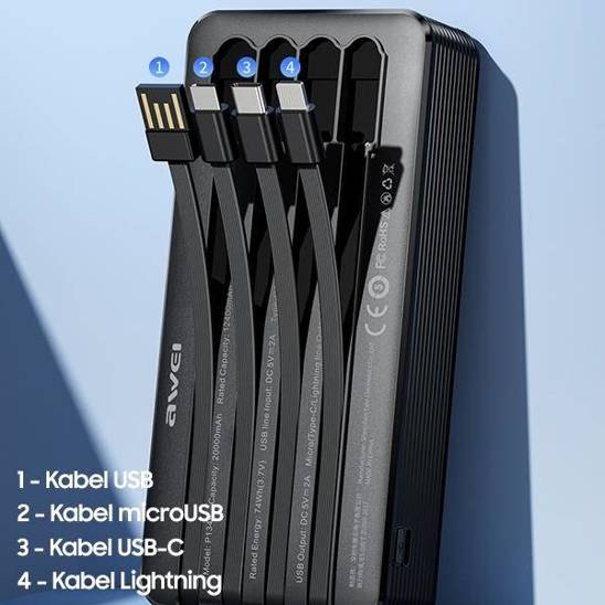 Awei P134K 4 in 1 Portable Power Bank 20000mAh With Type-C/Lightning/Micro  Cable Powerbank For iOS&Android