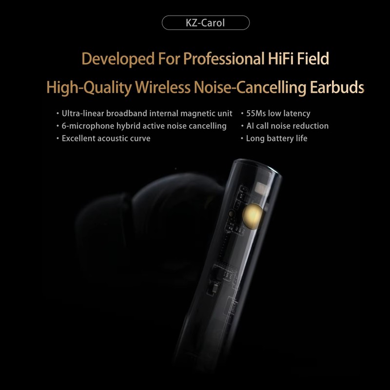 KZ Carol True Wireless Earphone 55dB Active Noise Canceling TWS Headphone HiFi in-Ear 6 Mics AI HD Call Bluetooth Gaming Earbud. 