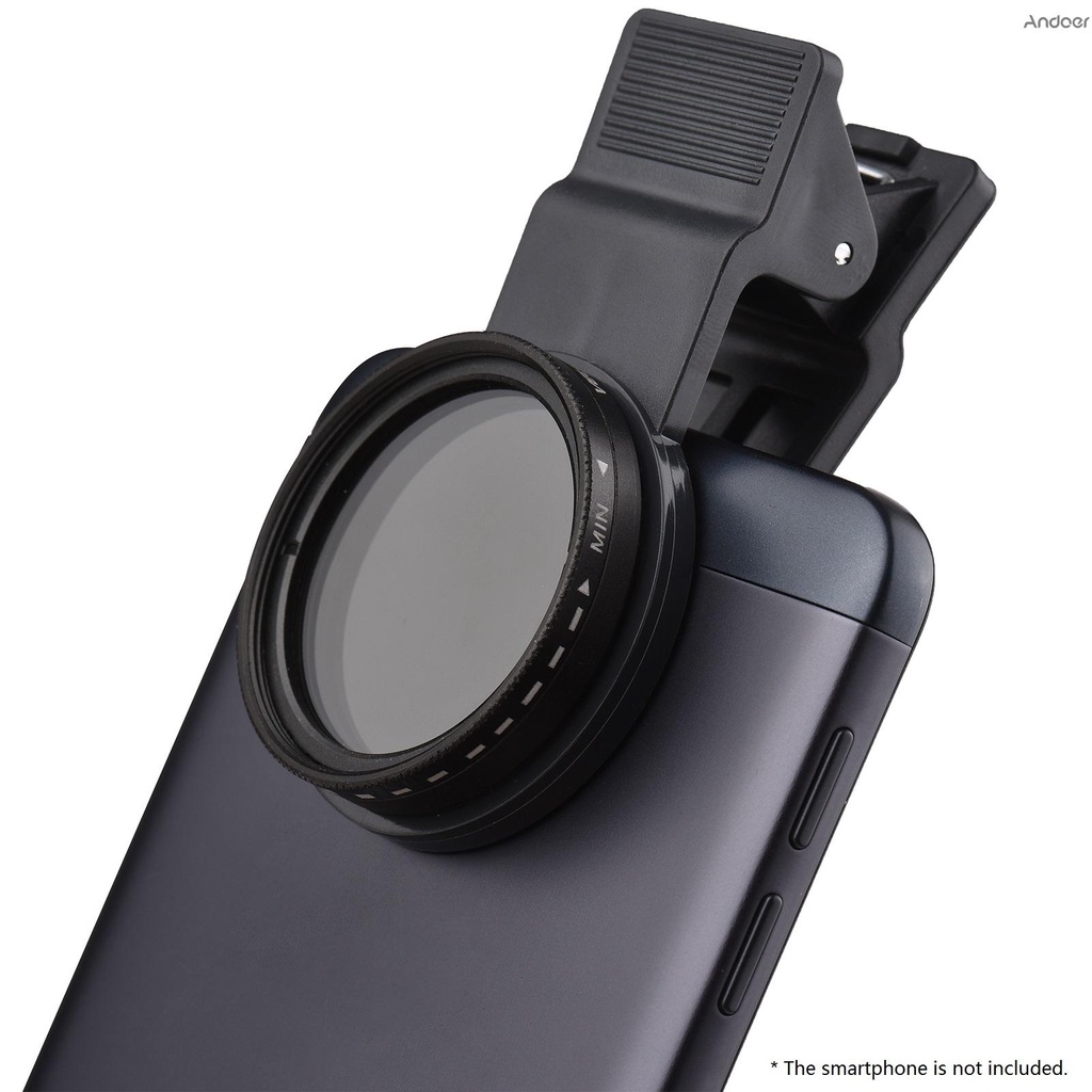 Andoer 37MM Professional Clip-on Phone Filter Lens ND2-400 Adjustable Neutral Density Filter with Phone Clip Lens Protector for Smartphone Photography. 