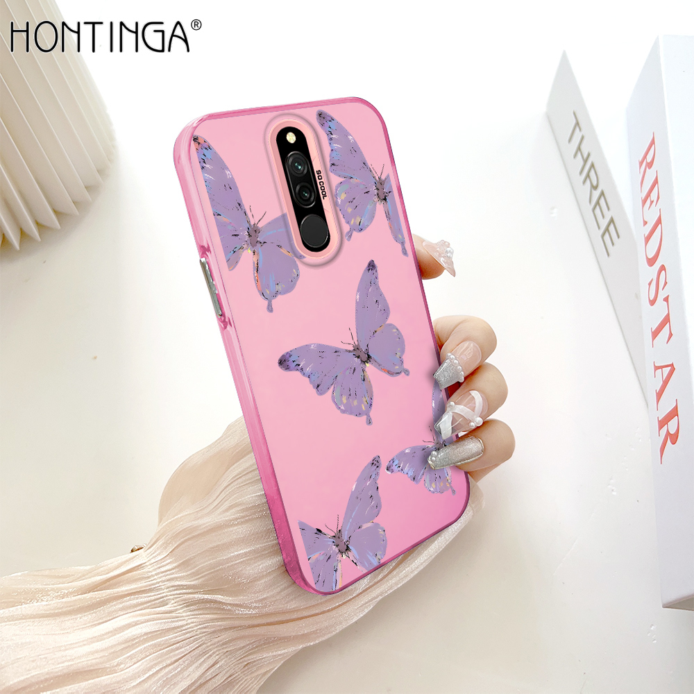 Hontinga for Redmi 8 Back Cover Colorful Sliver Double Sided Soft Edge Hard Back Purple Butterfly Phone Case for Girl